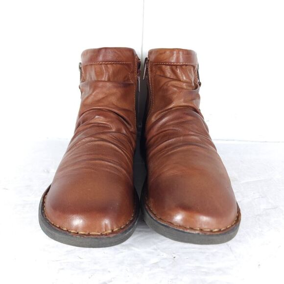 Miz Mooz Women's Pleasant US9,5 EU40 Brown Leather Ruched Side Zip Ankle Boots - Picture 3 of 14